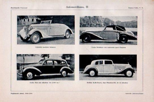 LAMINA V38801: Cabriolet raodster Salmson, berlina Rolls Royce y coches Delehaye y Fiat 6 cilindros