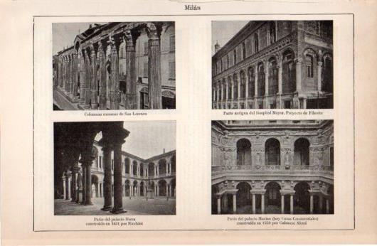 LAMINA V38400: Palacio Brera y Marino, Hospital Mayor y Columnas de San Lorenzo en Milan
