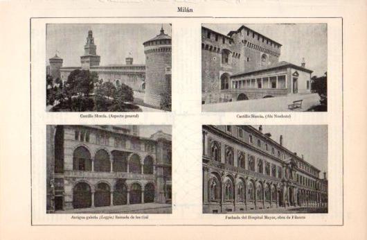 LAMINA V38398: Castillo Sforcia, Galeria de los Ossi y Hospital Mayor en Milan