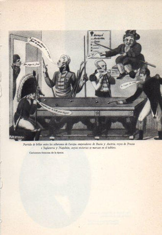 LAMINA V38897: Caricatura partida de billar entre los emperadores de Rusia y Austria reyes de Prusia e Inglaterra y Napoleon