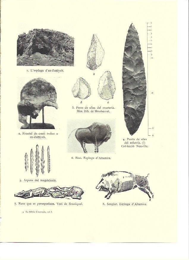 LAMINA 36171: Piezas de silex, arpones y animales de Altamira