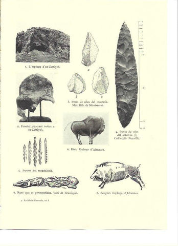 LAMINA 36171: Piezas de silex, arpones y animales de Altamira
