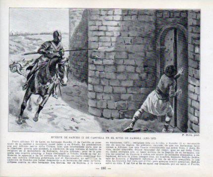 LAMINA V39012: Muerte de Sancho II de Castilla en el sitio de Zamora por F. Mota