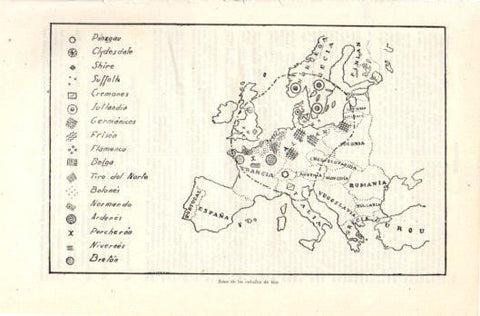 LAMINA V39265: Mapa de Europa localizacion de caballos de tiro