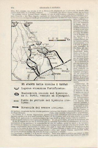 LAMINA V39180: Ejercito italiano mapa del avance hacia Giggica y Harrar