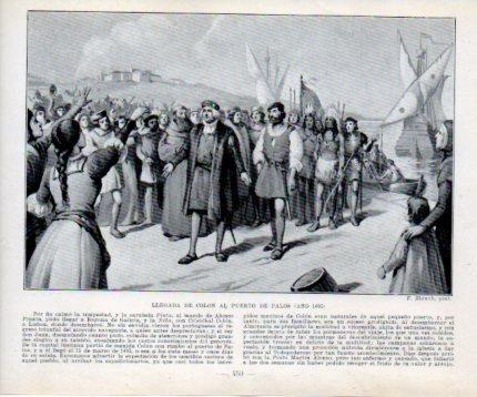 LAMINA V39136: Llegada de Colon al Puerto de Palos en 1493 por F. Blanch