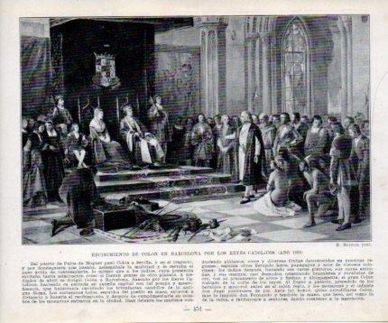 LAMINA V39137: Recibimiento de Colon en Barcelona por los Reyes Catolicos en 1493 por R. Balaca