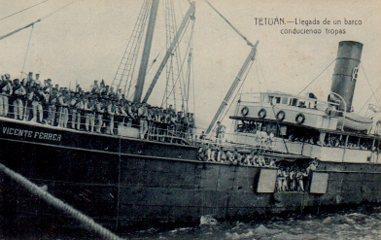 POSTAL PV09816: Llegada de un barco conduciendo tropas a Tetuan