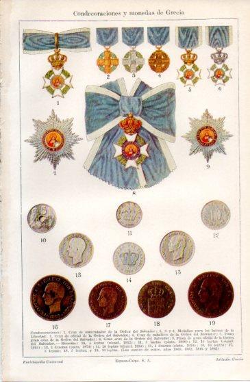 LAMINA V40095: Condecoraciones y monedas de Grecia