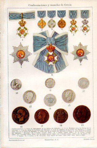 LAMINA V40095: Condecoraciones y monedas de Grecia