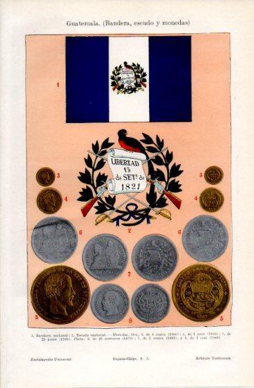 LAMINA V40133: Bandera, escudo y monedas de Guatemala