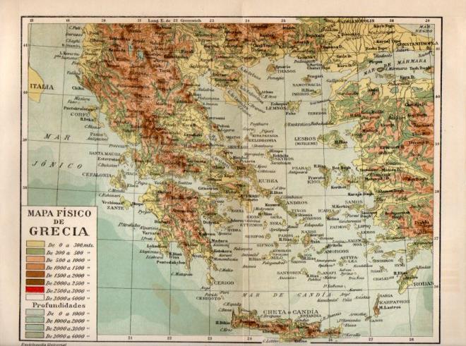 LAMINA V40273: Mapa fisico de Grecia en trasera mapa geologico