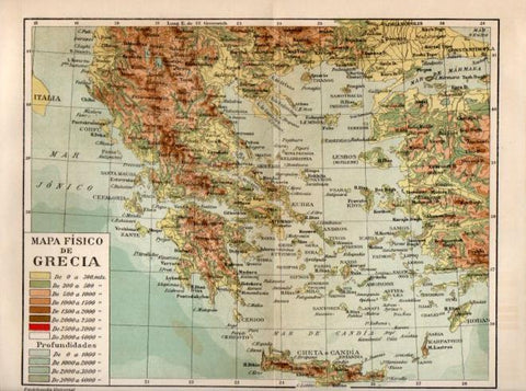 LAMINA V40273: Mapa fisico de Grecia en trasera mapa geologico