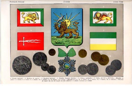 LAMINA V39886: Escudo, bandera, monedas e insignia de Persia