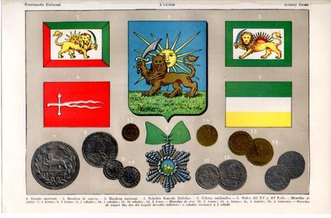 LAMINA V39886: Escudo, bandera, monedas e insignia de Persia