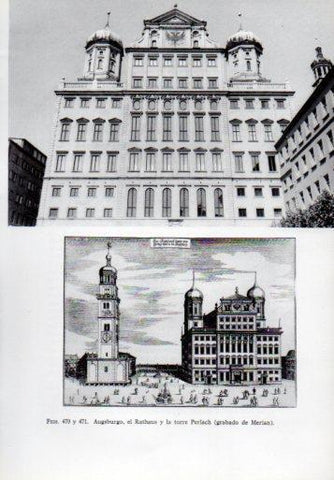 LAMINA V41357: Augsburgo, el Rathaus y la torre Perlach grabado de Merian