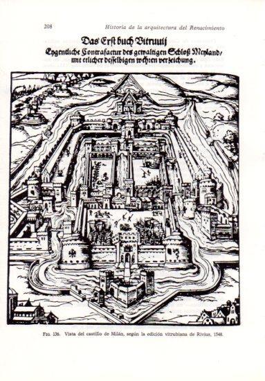 LAMINA V41221: Vista del castillo de Milan según edicion de Rivius 1548