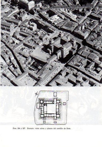 LAMINA V41250: Vista aerea y planta castillo del Este en Ferrara