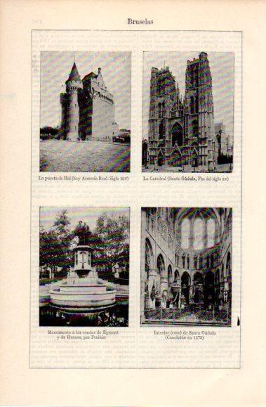 LAMINA V40820: Bruselas, Puerta de Hal, Catedral y Monumento a los condes de Egmont 