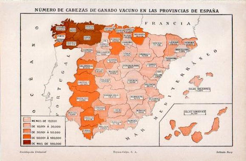 LAMINA V40868: Mapa del numero de cabezas de ganado vacuno en España por provincias