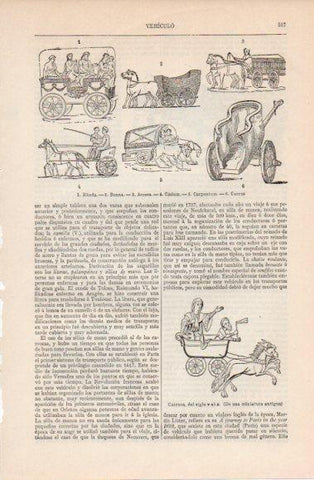 LAMINA V40428: Vehiculos Rheda Benna Arcera Cisium Carpentum y Currus