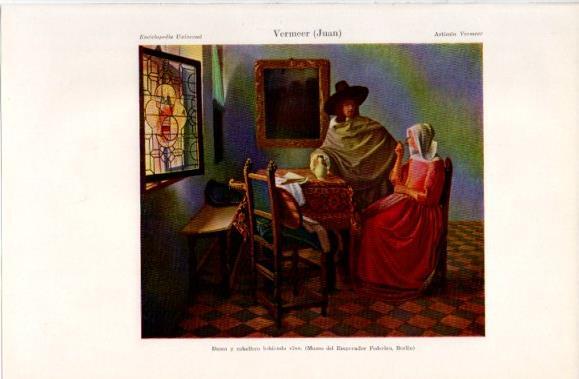 LAMINA V40635: Dama y caballero bebiendo vino por Vermeer