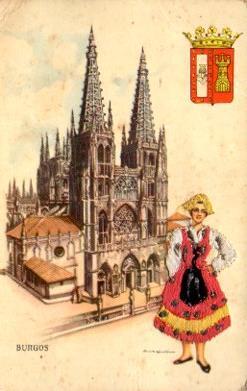 POSTAL PV10834: Catedral de Burgos con mujer traje regional bordado