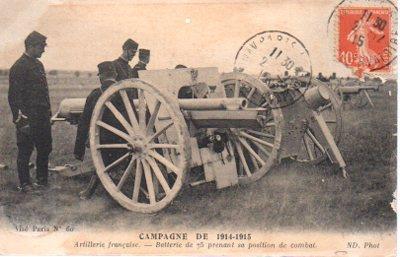 POSTAL PV11012: Artillerie Française Batterie de 75 prenant sa position de combat 1914-1918