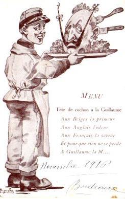POSTAL PV10974: Menu Tete de cochon a la Guillaume aux Belges, Anglais, Français