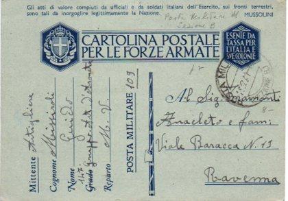 POSTAL PV11744: Correspondencia Ejercito Italiano. Cartolina Postale per le Forze Armate 1941