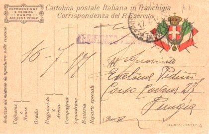 POSTAL PV11140: Correspondencia Ejercito Italiano Primera Guerra Mundial PV11140