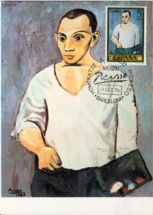 POSTAL PV11447: Autorretrato con paleta de pintor en la mano por Picasso. Homenatge a Picasso. Tarjeta postal