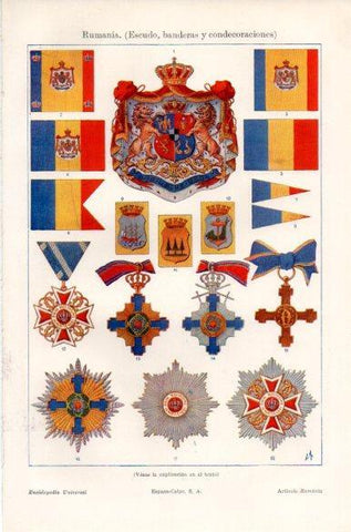 LAMINA V41842: Escudo, banderas y condecoraciones de Rumania