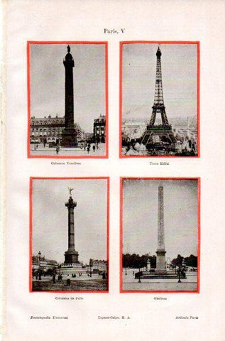 LAMINA V42314: Columnas Vendome y de Julio, Torre Eiffel y Obelisco en Paris