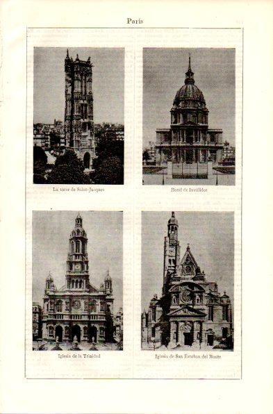 LAMINA V42317: Torre Saint Jacques, Hotel de Invalidos, Iglesias de la Trinidad y San Esteban del Monte, Paris