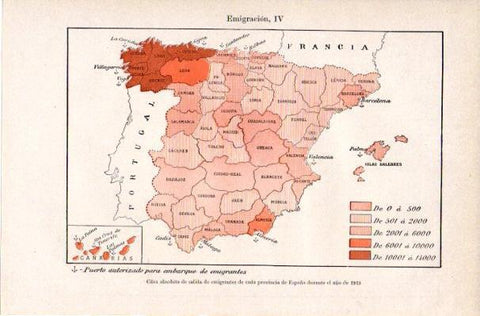 LAMINA V42121: Mapa de España de puertos autorizados para embarque de emigrantes en 1913