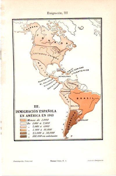 LAMINA V42120: Mapa Inmigracion española en America en 1913