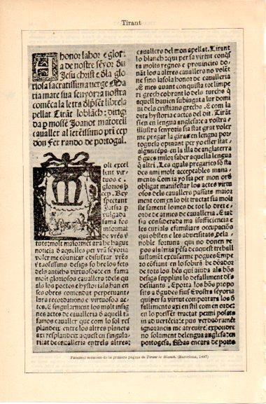 LAMINA V42685: Primera pagina de Tirant lo Blanc, edicion Barcelona 1497