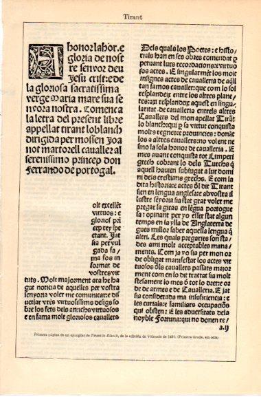 LAMINA V42687: Primera pagina de Tirant lo Blanc, edicion Valencia 1490