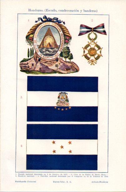 LAMINA V42911: Escudo, condecoraciones y banderas de Honduras