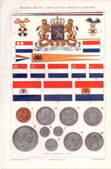 LAMINA V42898: Escudo, condecoraciones, banderas y monedas de Holanda