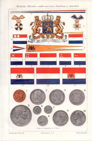 LAMINA V42898: Escudo, condecoraciones, banderas y monedas de Holanda