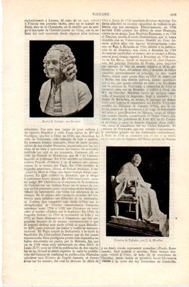 LAMINA V42825: Busto y estatua de Voltaire por Houdon