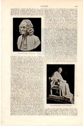 LAMINA V42825: Busto y estatua de Voltaire por Houdon
