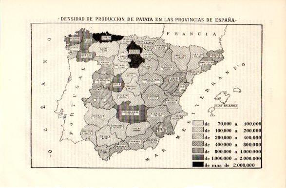 LAMINA V42407: Mapa de España densidad produccion de patata