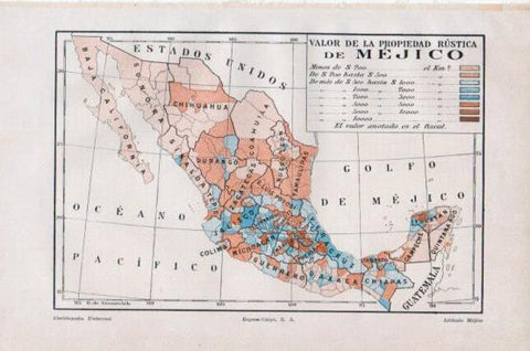 LAMINA V43777: Mapa del valor de la propiedad rustica de Mejico