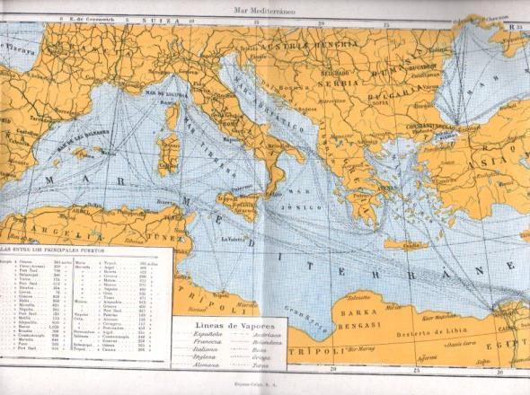LAMINA V44197: Mapa del Mar Mediterraneo puertos y lineas de vapores