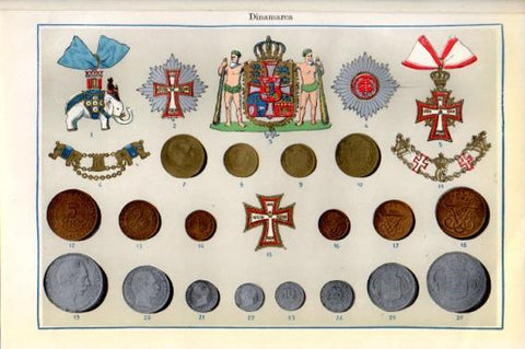 LAMINA V44951: Escudo, condecoraciones y monedas de Dinamarca