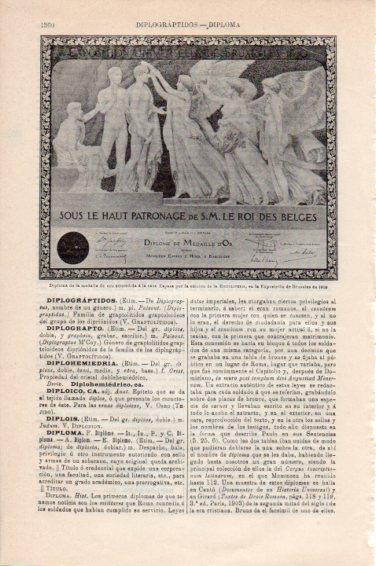 LAMINA V44970: Diploma medalla de oro a la casa Espasa Exposicion  Bruselas 1919