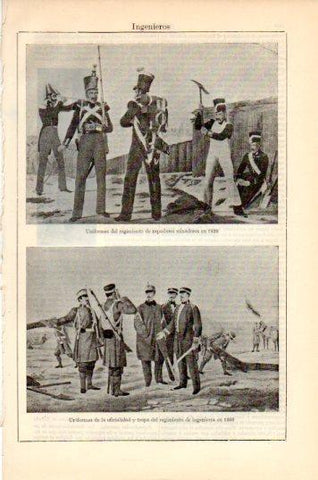 LAMINA V44657: Uniformes regimiento de minadores 1830 e ingenieros 1860